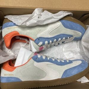 Skechers Blue and White Casual Sneakers with Orange Detail